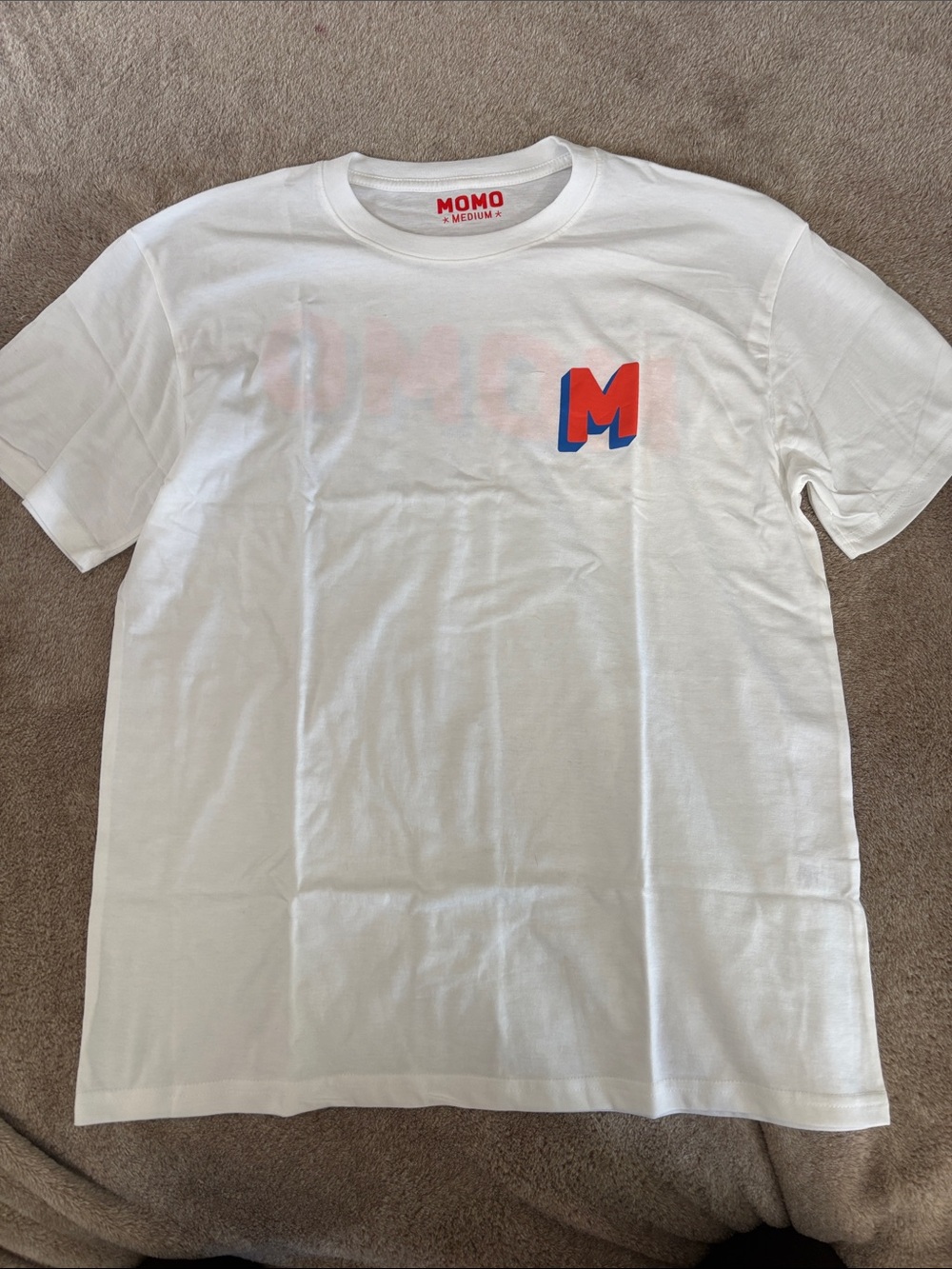 White Women’s Graphic Tee with Red & Blue 'M'